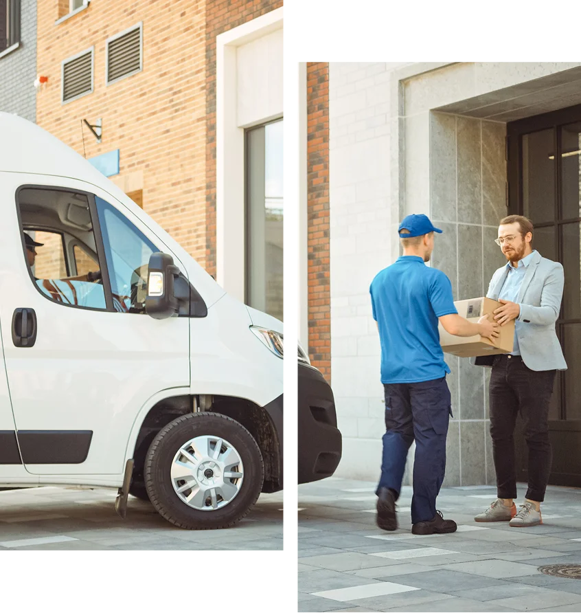Delivery person handing package to recipient.